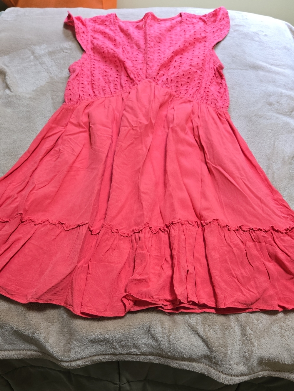 SHEIN Coral Pink Eyelet Tiered Flutter Dress
